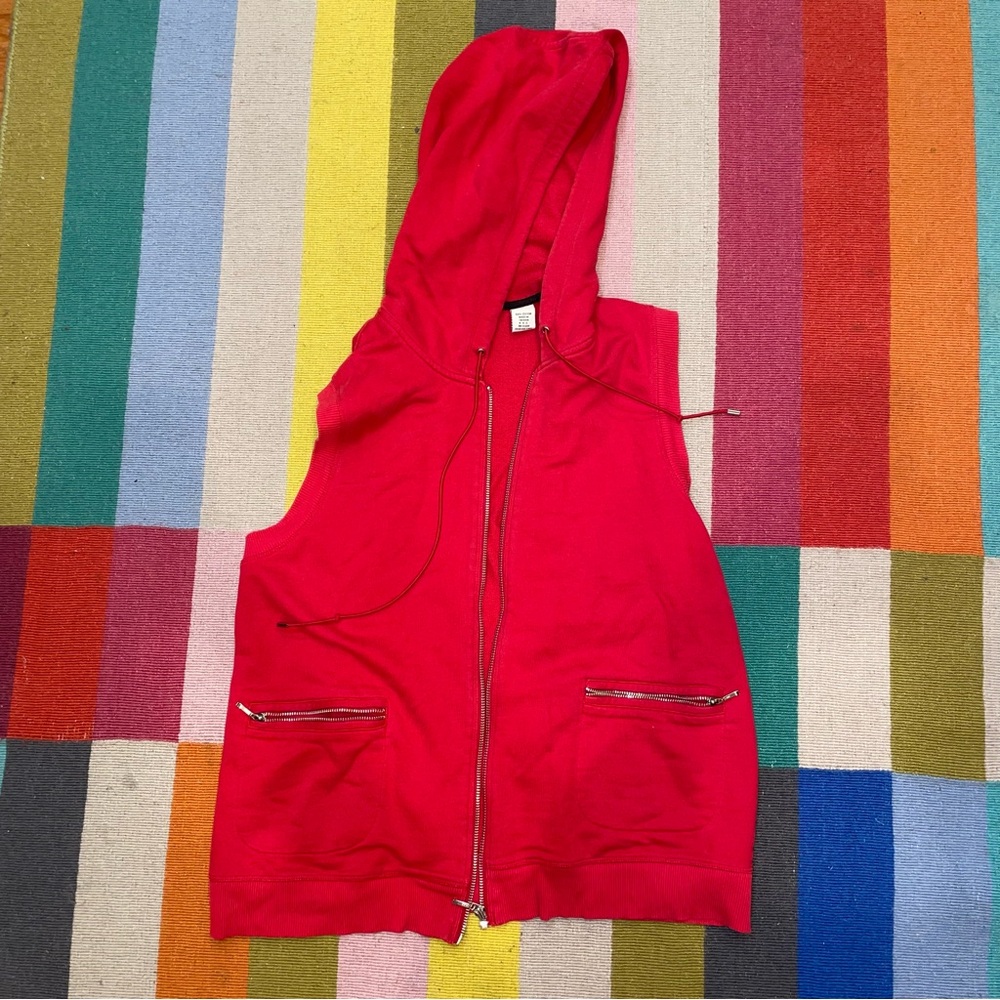 Red Hooded Vest with Zipper Pockets